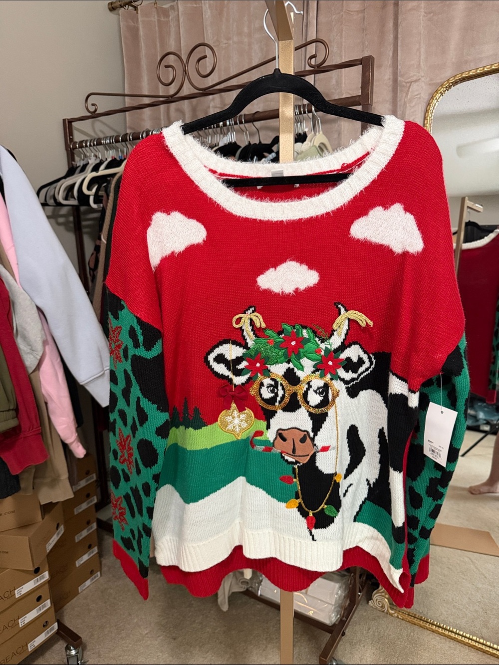 Festive Cow Print Red Women's Sweater